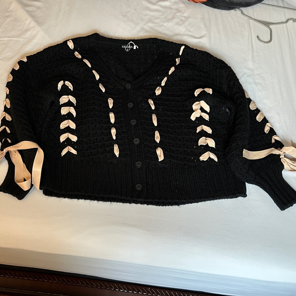 For Love And Lemons Black Cardigan with Cream Ribbon Accents Never worn